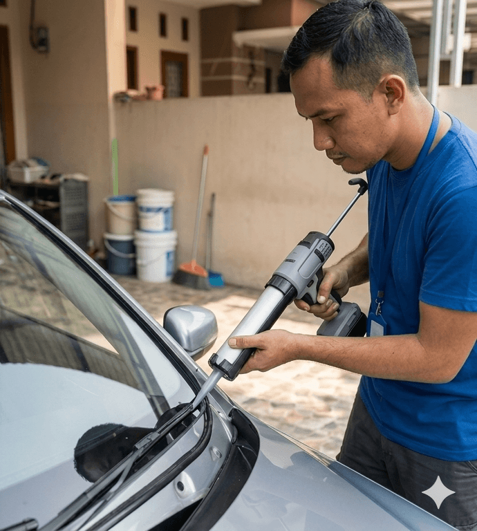 Pemberian sealant kaca mobil